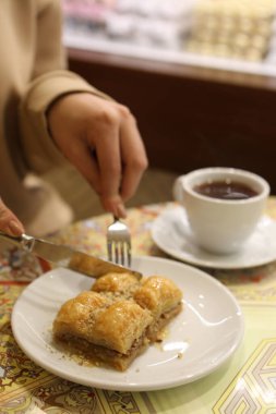 Geleneksel hindistancevizli tatlı baklavası. Ev yapımı fındıklı ve ballı baklava..