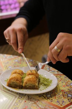 Geleneksel hindistancevizli tatlı baklavası. Ev yapımı fındıklı ve ballı baklava..