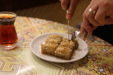 Geleneksel hindistancevizli tatlı baklavası. Ev yapımı fındıklı ve ballı baklava..