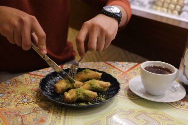 Geleneksel hindistancevizli tatlı baklavası. Ev yapımı fındıklı ve ballı baklava..