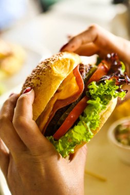 Taze sebzeli ev yapımı hamburger.