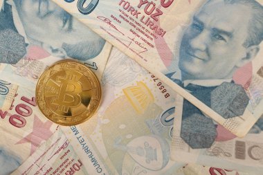 Türk lira banknotları ve bitcoin paraları