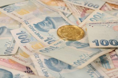 Türk lira banknotları ve bitcoin paraları