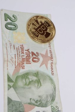 Türk lira banknotları ve bitcoin paraları