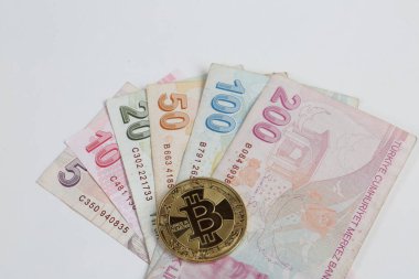 Türk lira banknotları ve bitcoin paraları