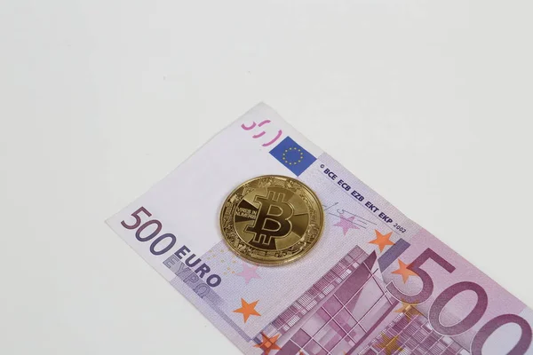 Multi Euro Dolar Käteistä Erityyppisiä Uuden Sukupolven Seteleitä Bitcoin — kuvapankkivalokuva