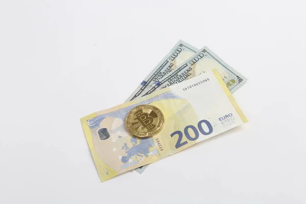 Multi Euro Dolar Cash Different Type New Generation Banknotes Bitcoin — Foto Stock