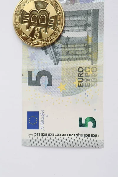 Multi Euro Dolar Cash Different Type New Generation Banknotes Bitcoin — Fotografia de Stock