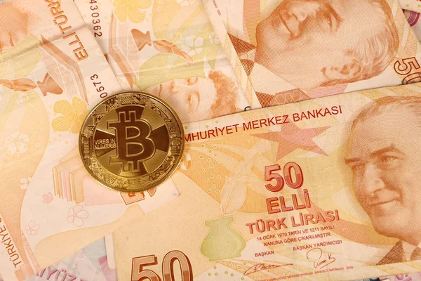 Turkiska Lira Sedlar Och Bitcoin — Stockfoto