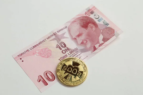 Turkish Lira Banknotes Bitcoin Coin — 图库照片