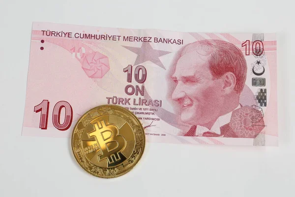 Turkish Lira Banknotes Bitcoin Coin — Stock Photo, Image