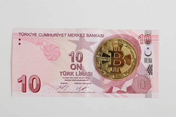 Turkse Lira Bankbiljetten Bitcoin — Stockfoto