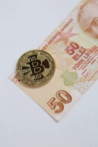 Turkish Lira Banknotes Bitcoin Coin — Stock Photo, Image