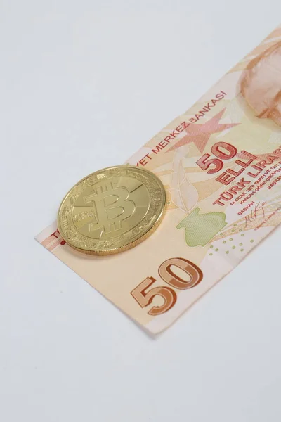 Banknoty Bitcoiny Tureckie — Zdjęcie stockowe