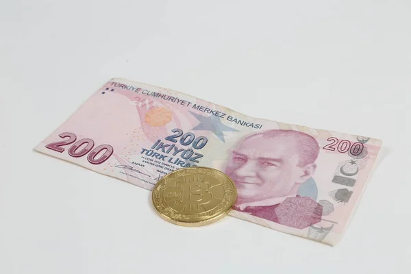 Türkische Lira Banknoten Und Bitcoin Münzen — Stockfoto