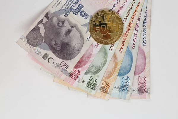 Turkiska Lira Sedlar Och Bitcoin — Stockfoto