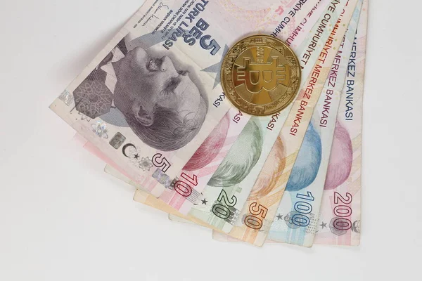 Turkiska Lira Sedlar Och Bitcoin — Stockfoto