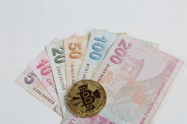 Türk Lira Banknotları Bitcoin Paraları — Stok fotoğraf