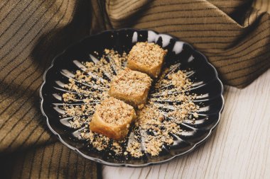 Geleneksel hindistancevizli tatlı baklavası. Ev yapımı fındıklı ve ballı baklava.