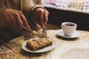 Geleneksel hindistancevizli tatlı baklavası. Ev yapımı fındıklı ve ballı baklava..