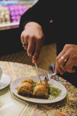 Geleneksel hindistancevizli tatlı baklavası. Ev yapımı fındıklı ve ballı baklava..