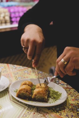 Geleneksel hindistancevizli tatlı baklavası. Ev yapımı fındıklı ve ballı baklava..