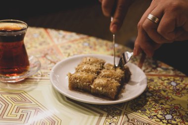 Geleneksel hindistancevizli tatlı baklavası. Ev yapımı fındıklı ve ballı baklava..