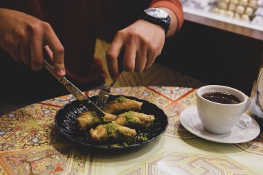 Geleneksel hindistancevizli tatlı baklavası. Ev yapımı fındıklı ve ballı baklava..