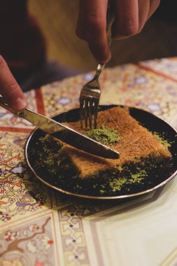 Geleneksel hindistancevizli tatlı baklavası. Ev yapımı fındıklı ve ballı baklava..