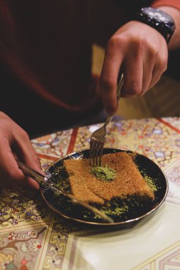 Geleneksel hindistancevizli tatlı baklavası. Ev yapımı fındıklı ve ballı baklava..