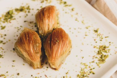 Geleneksel hindistancevizli tatlı baklavası. Ev yapımı fındıklı ve ballı baklava..