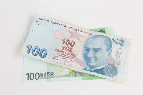 Turkse Lire Bankbiljetten Euro — Stockfoto