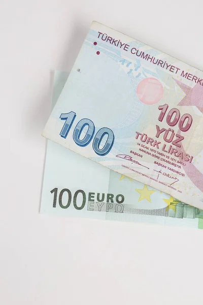 Turkse Lire Bankbiljetten Euro — Stockfoto