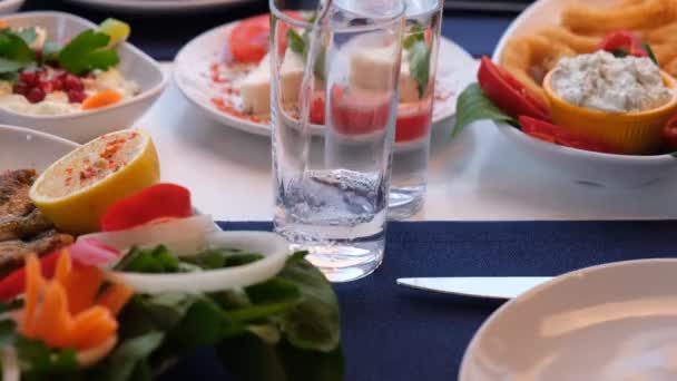 Özel Alkollü Çkili Rakılı Türk Yunan Geleneksel Yemek Masası Uzo — Stok video