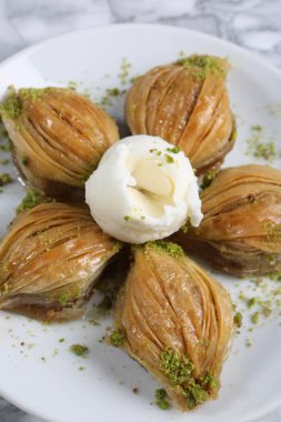 Geleneksel hindistancevizli tatlı baklavası. Ev yapımı fındıklı ve ballı baklava..