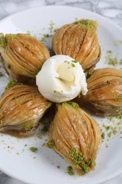 Geleneksel hindistancevizli tatlı baklavası. Ev yapımı fındıklı ve ballı baklava..