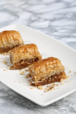 Geleneksel hindistancevizli tatlı baklavası. Ev yapımı fındıklı ve ballı baklava..