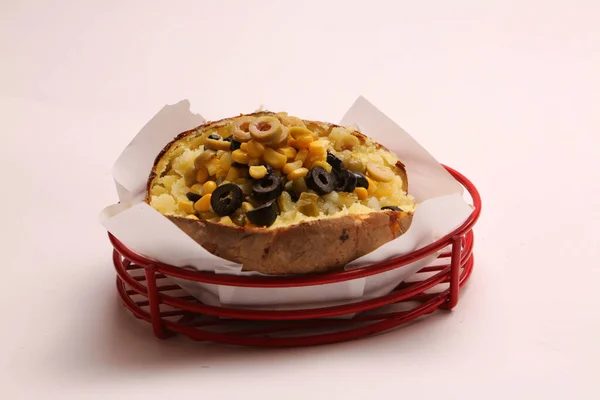 Baked Kumpir Potato Stuffed Cheese Sausage Olives Peppers Corn — Stock Photo, Image