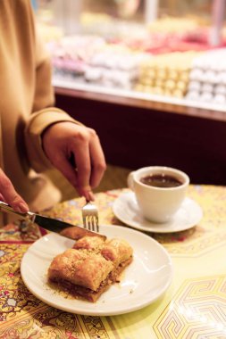 Geleneksel hindistancevizli tatlı baklavası. Ev yapımı fındıklı ve ballı baklava..