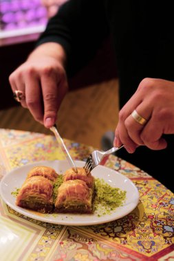 Geleneksel hindistancevizli tatlı baklavası. Ev yapımı fındıklı ve ballı baklava..