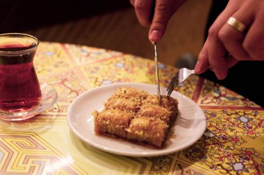 Geleneksel hindistancevizli tatlı baklavası. Ev yapımı fındıklı ve ballı baklava..