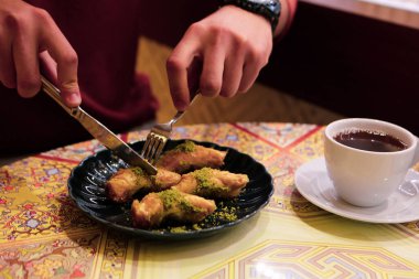 Geleneksel hindistancevizli tatlı baklavası. Ev yapımı fındıklı ve ballı baklava..