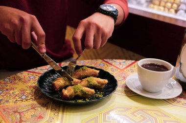 Geleneksel hindistancevizli tatlı baklavası. Ev yapımı fındıklı ve ballı baklava..