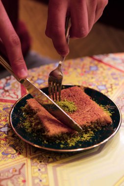 Geleneksel hindistancevizli tatlı baklavası. Ev yapımı fındıklı ve ballı baklava..