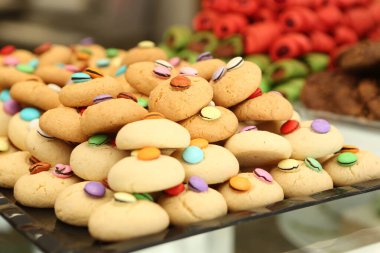 Bir grup çeşit kurabiye. Çikolata parçacıklı, yulaflı, kuru üzümlü, beyaz çikolatalı.