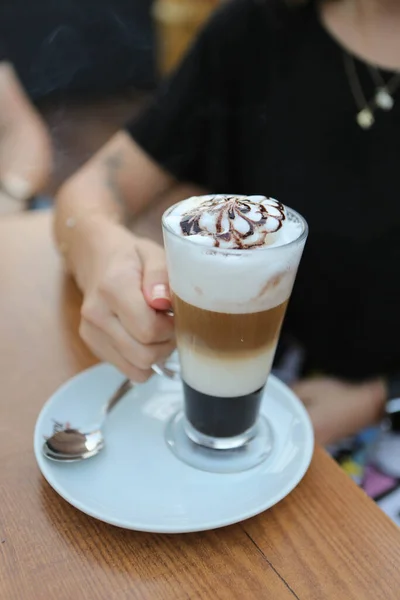 Iced Coffee Milk Iced Coffee Latte Woman Holding Glass Cup — Stockfoto