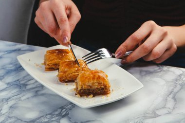 Geleneksel hindistancevizli tatlı baklavası. Ev yapımı fındıklı ve ballı baklava..