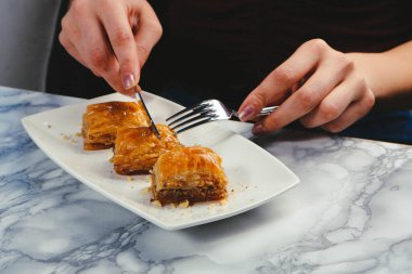 Geleneksel hindistancevizli tatlı baklavası. Ev yapımı fındıklı ve ballı baklava..