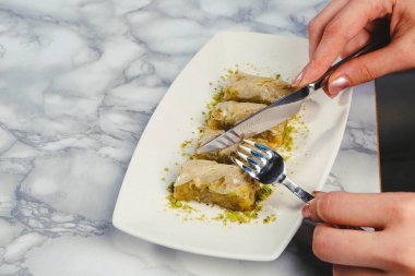 Geleneksel hindistancevizli tatlı baklavası. Ev yapımı fındıklı ve ballı baklava..