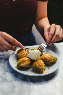 Geleneksel hindistancevizli tatlı baklavası. Ev yapımı fındıklı ve ballı baklava..